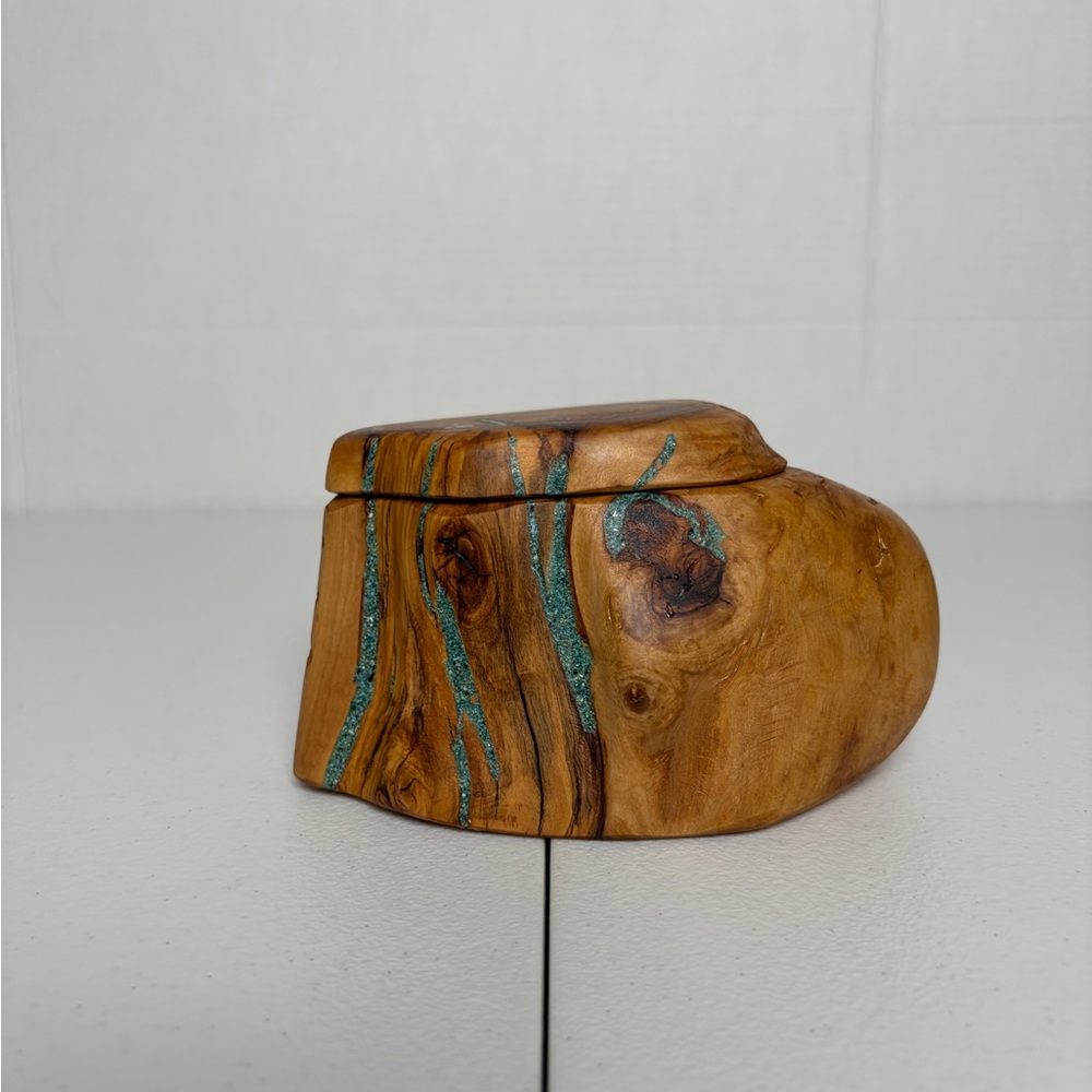 Burl Wood Jewelry Keepsake Box Turquoise Color Inlay Handmade Judy Abbot